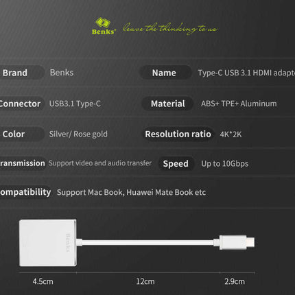 Benks Type C to HDMI Adapter USB 3.1 - GR Phones