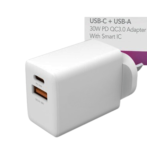 BLACKTECH Smart IC 30W Wall Charger Adaptor USB - C + USB - A BC03 - White - GR Phones