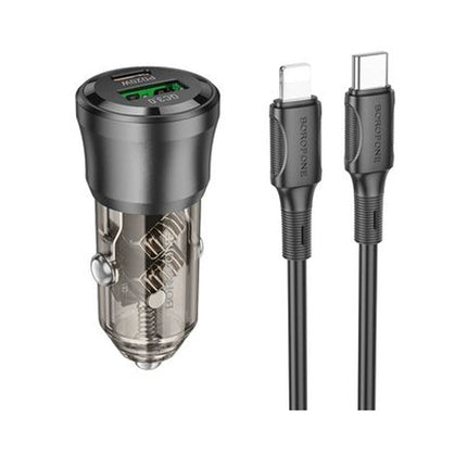 BOROFONE BZ24 Transparent 20W PD Car Charger with USB C to Lightning Cable - Black (Single Port) - GR Phones