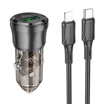 BOROFONE BZ25 Transparent 38W PD Car Charger with USB C to USB C Charging Cable - Black - GR Phones