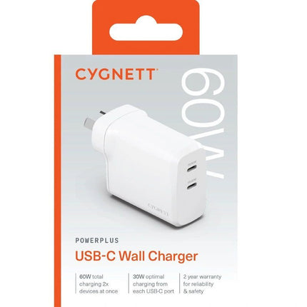 Cygnett PowerPlus 60W (30W x2) Dual Port USB - C PD Travel - Ready Fast Wall Charger - White - GR Phones