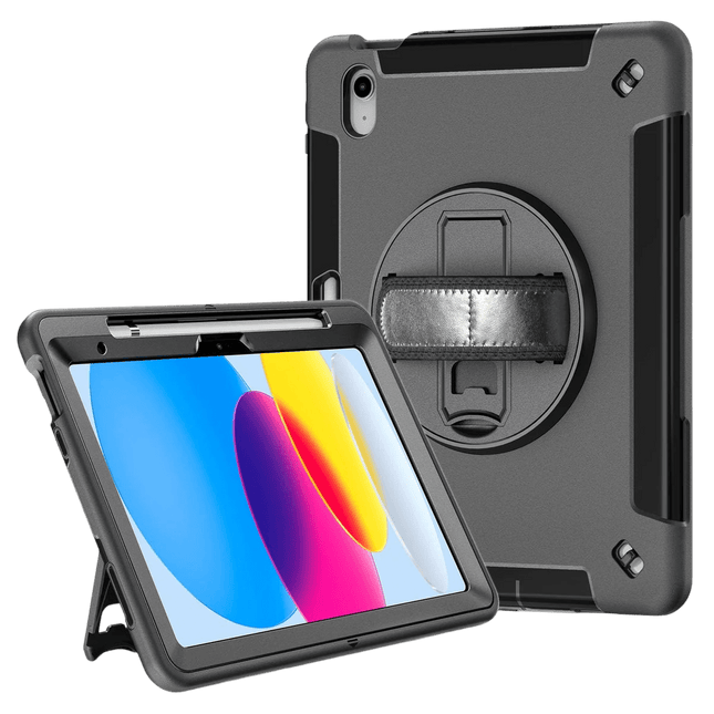 Generic Rugged Apple iPad (10.2') (9th/8th/7th Gen) Case Black - Built - in - Kickstand, Adjustable Hand Strap, Pen Holder, DropProof, ShockProof - GR Phones