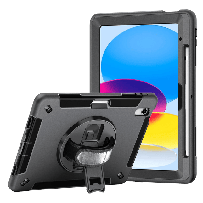Generic Rugged Apple iPad (A16) / iPad (10.9') (10th Gen) Case Black - Built - in - Kickstand, Adjustable Hand Strap, Pen Holder, DropProof, ShockProof - GR Phones