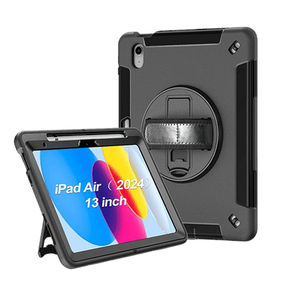 Generic Rugged Apple iPad Air M2 (13") (1st Gen) / iPad Pro (12.9") (6th/5th/4th/3rd) Case Black - Built - in - Kickstand, Adjustable Hand Strap - GR Phones