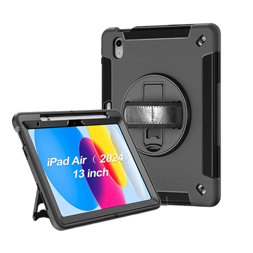 Generic Rugged Apple iPad Air M2 (13") (1st Gen) / iPad Pro (12.9") (6th/5th/4th/3rd) Case Black - Built - in - Kickstand, Adjustable Hand Strap - GR Phones