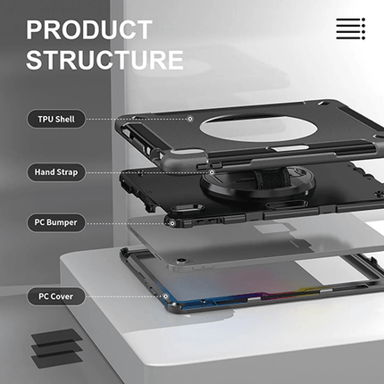 Generic Rugged Apple iPad Air M2 (13") (1st Gen) / iPad Pro (12.9") (6th/5th/4th/3rd) Case Black - Built - in - Kickstand, Adjustable Hand Strap - GR Phones