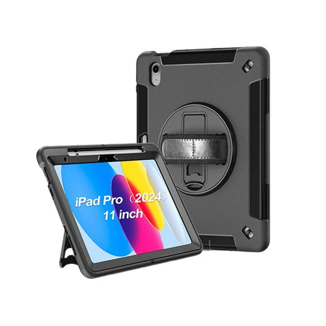 Generic Rugged Apple iPad Pro M4 (11') (5th Gen) Case Black - Built - in - Kickstand, Adjustable Hand Strap, Pen Holder,DropProof, ShockProof,Raised Edges - GR Phones