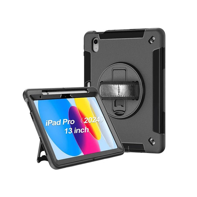 Generic Rugged Apple iPad Pro M4 (13') (7th Gen) Case Black - Built - in - Kickstand, Adjustable Hand Strap, Pen Holder, DropProof, ShockProof - GR Phones