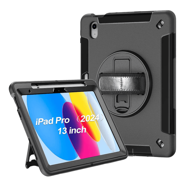 Generic Rugged Apple iPad Pro M4 (13') (7th Gen) Case Black - Built - in - Kickstand, Adjustable Hand Strap, Pen Holder, DropProof, ShockProof - GR Phones