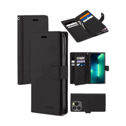 Goospery Mercury Mansoor Diary Wallet Leather Flip Case Cover For iPhone 13 - Black - GR Phones