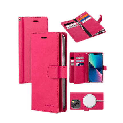 Goospery Mercury Mansoor Diary Wallet Leather Flip Case Cover For iPhone 13 - Hot Pink - GR Phones