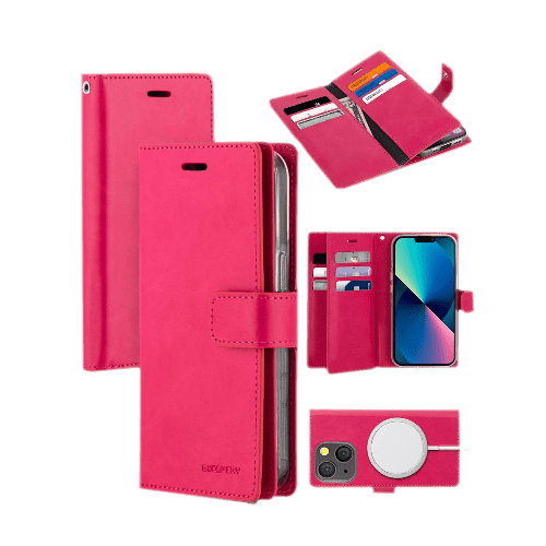 Goospery Mercury Mansoor Diary Wallet Leather Flip Case Cover For iPhone 13 - Hot Pink - GR Phones