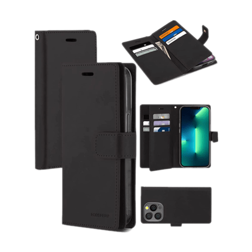 Goospery Mercury Mansoor Diary Wallet Leather Flip Case Cover For iPhone 13 Pro - Black - GR Phones