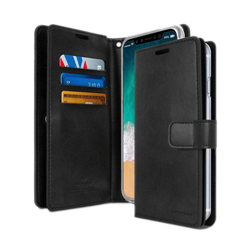 Goospery Mercury Mansoor Diary Wallet Leather Flip Case For iPhone X/XS - Black - GR Phones