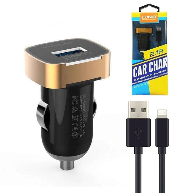LDNIO 2.1A 10.5W Car Charger with Lightning Cable DL - DC211 - Black - GR Phones
