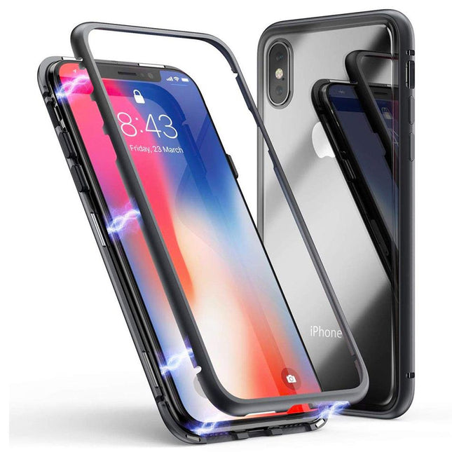 Magnetic Metal Tempered Glass Case Cover For iPhone X - Black - GR Phones