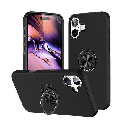 Magnetic Ring Stand Hybrid Case Cover For iPhone 16 - Black - GR Phones
