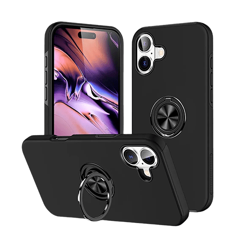 Magnetic Ring Stand Hybrid Case Cover For iPhone 16 Plus - Black - GR Phones
