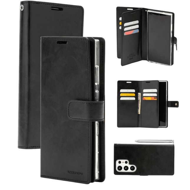 Mercury BlueMoon Diary Wallet Leather Case Cover For Galaxy S25 Ultra - Black - GR Phones