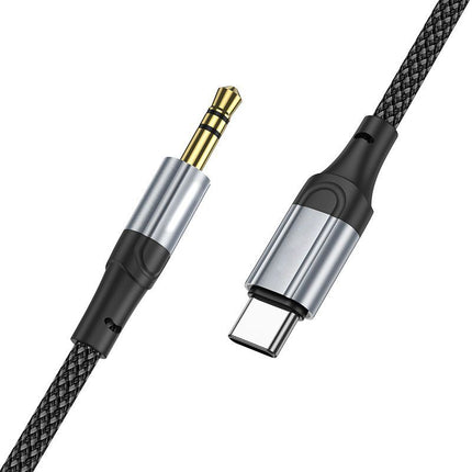 Close-up of UPA26C USB-C to 3.5mm AUX cable showing the durable connectors and flexible design.