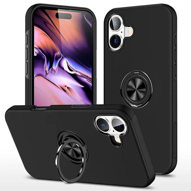 Magnetic Ring Stand Hybrid Case Cover For iPhone 16E / 17E - Black